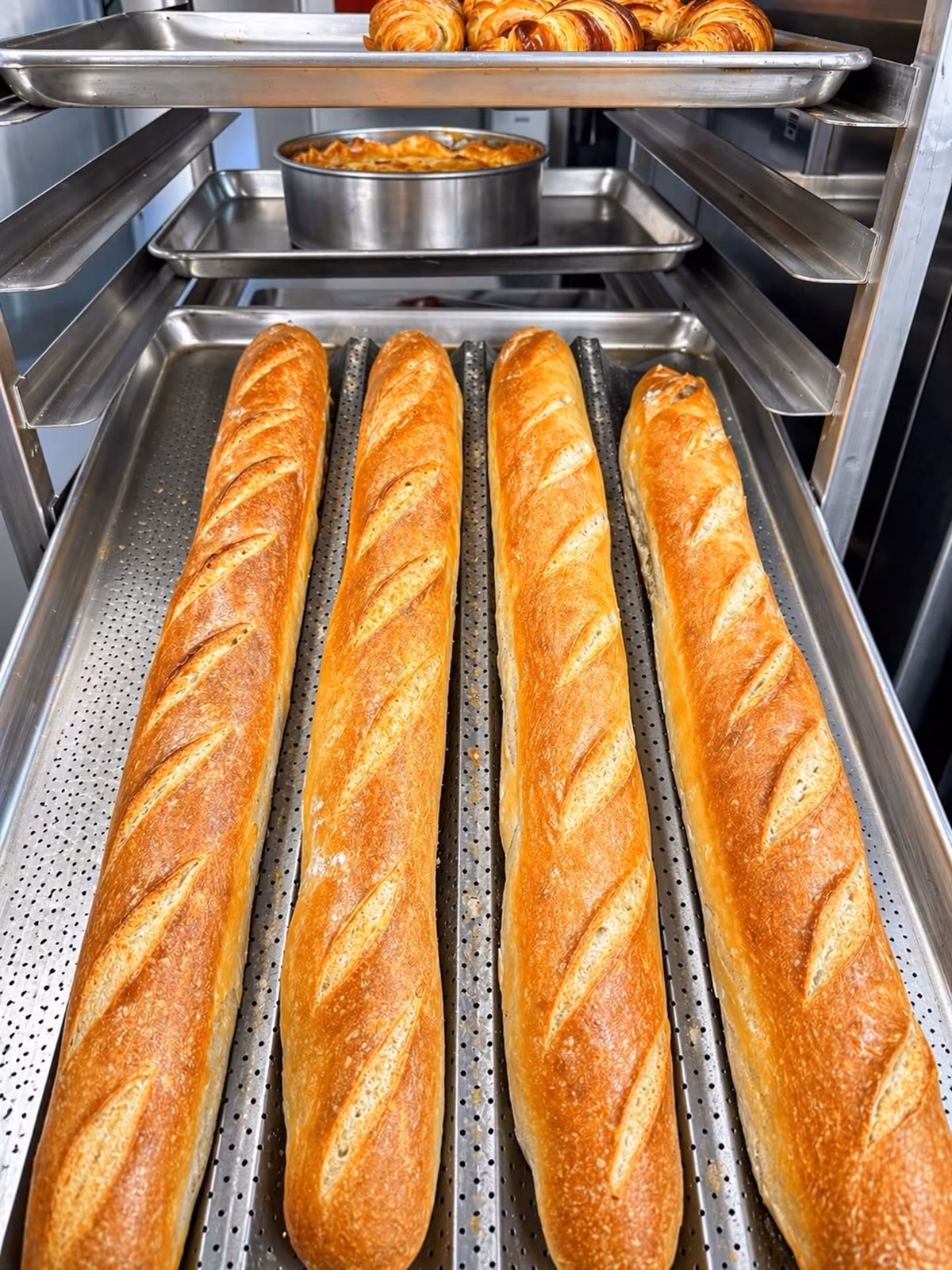 Golden baguettes cooling on a bakery rack