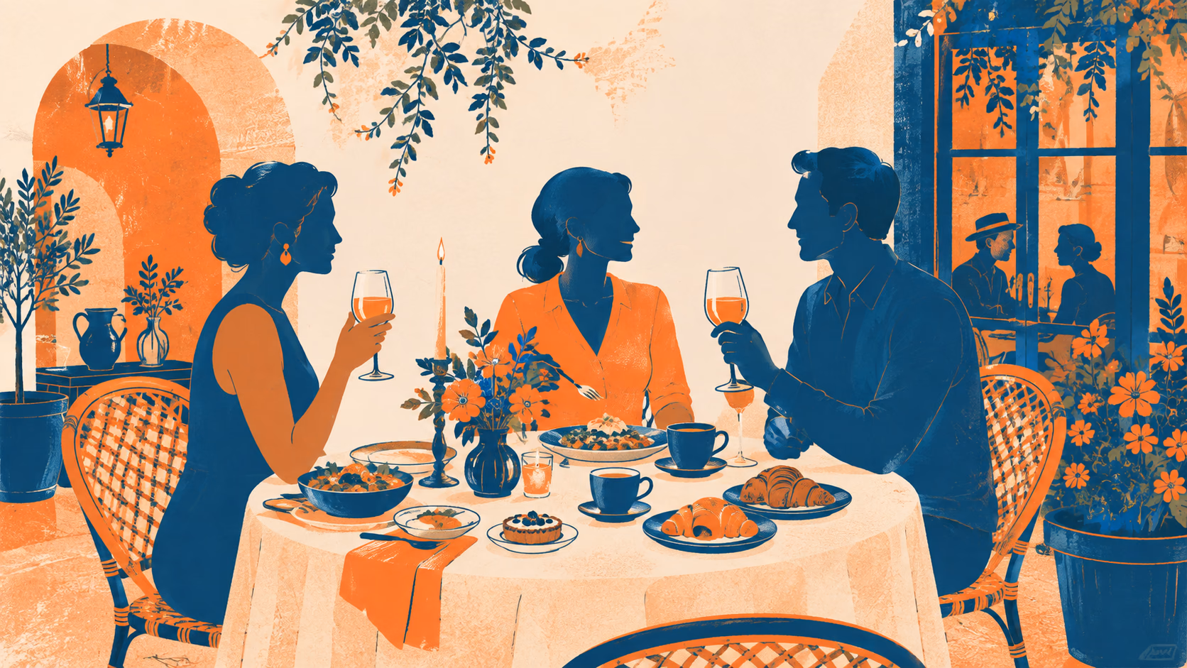Illustration of guests gathered around a café table with pastries, coffee, and wine