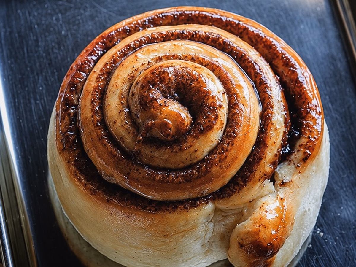 Glazed cinnamon roll on a metal tray