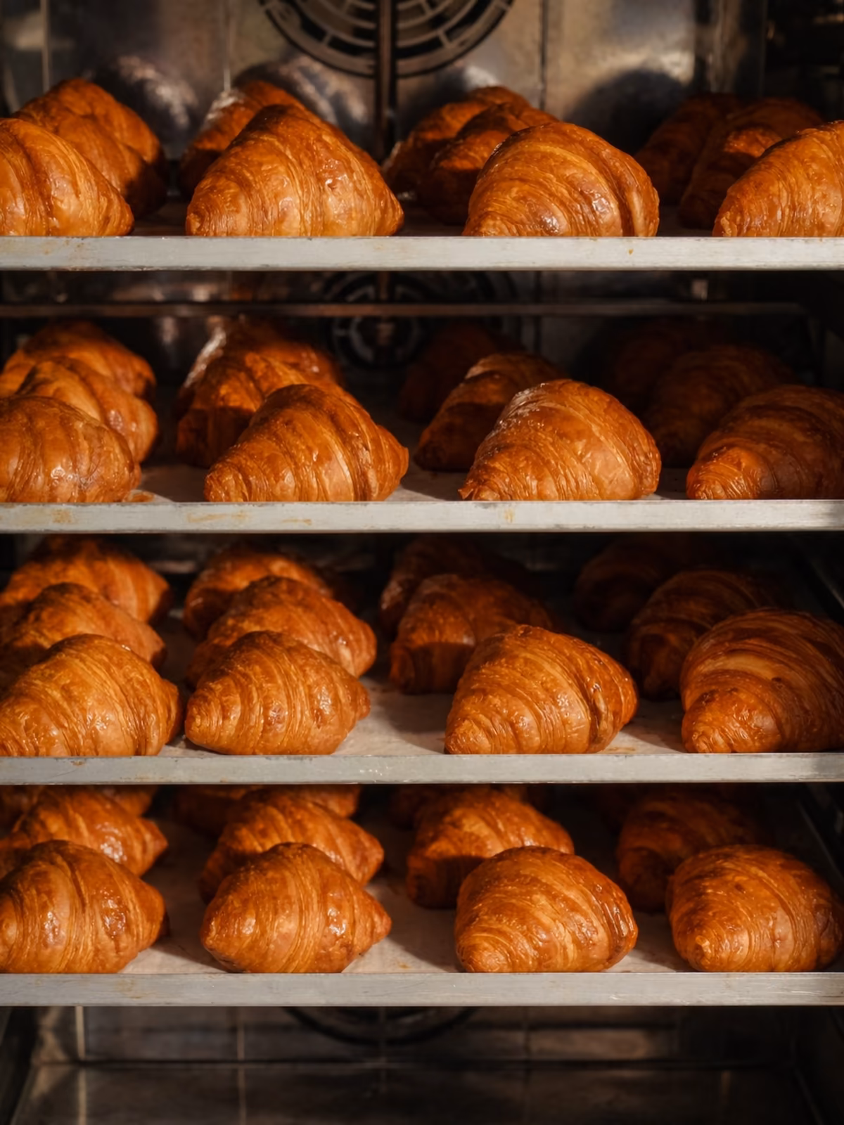 Rows of golden croissants on bakery racks