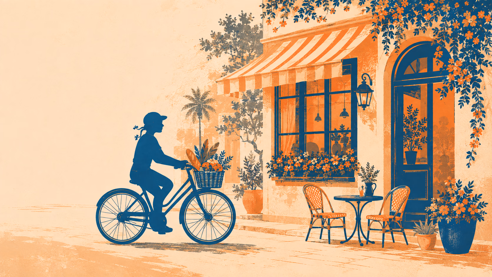Illustration of Suzette’s cyclist passing a flower-filled French café on Third Avenue
